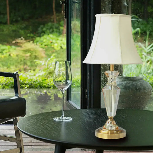 Contemporary Crystal Table Lamp: Panel Bell Style with Gold Finish and Round Pedestal