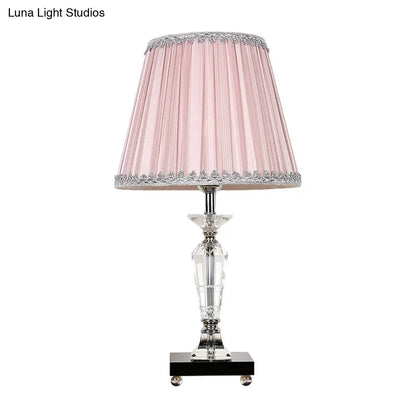 Contemporary Crystal Table Lamp with Pink/Blue Nightstand Light and Conical Fabric Shade