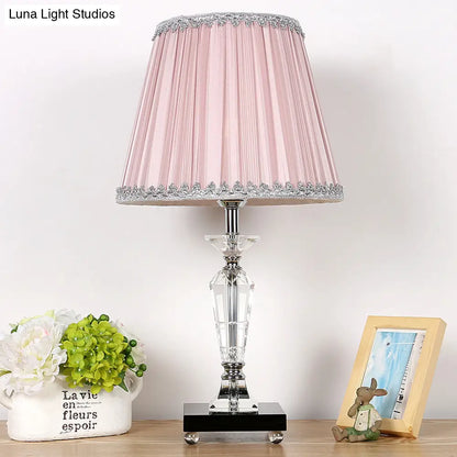 Contemporary Crystal Table Lamp with Pink/Blue Nightstand Light and Conical Fabric Shade