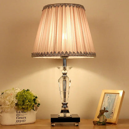 Contemporary Crystal Table Lamp with Pink/Blue Nightstand Light and Conical Fabric Shade