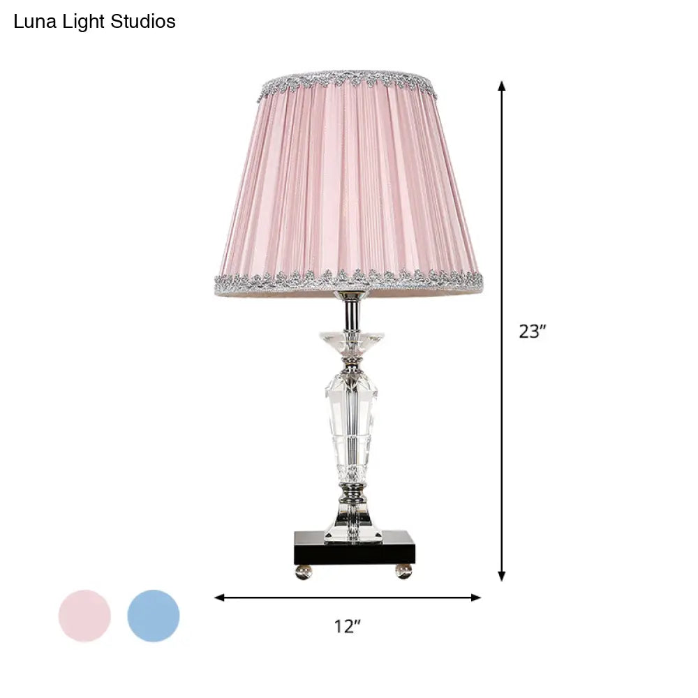 Contemporary Crystal Table Lamp with Pink/Blue Nightstand Light and Conical Fabric Shade