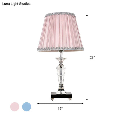 Contemporary Crystal Table Lamp with Pink/Blue Nightstand Light and Conical Fabric Shade