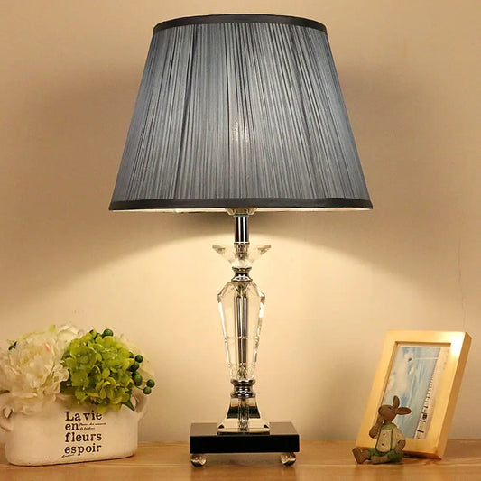 Contemporary Crystal Table Lamp with Pink/Blue Nightstand Light and Conical Fabric Shade