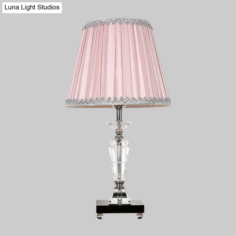 Contemporary Crystal Table Lamp with Pink/Blue Nightstand Light and Conical Fabric Shade