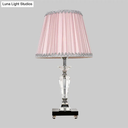 Contemporary Crystal Table Lamp with Pink/Blue Nightstand Light and Conical Fabric Shade