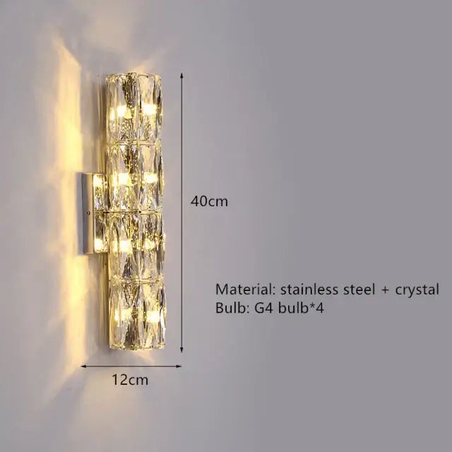 Contemporary crystal wall sconce with clear faceted crystal segments and stainless steel gold frame for bedroom decorbites contemporary crystal lighting