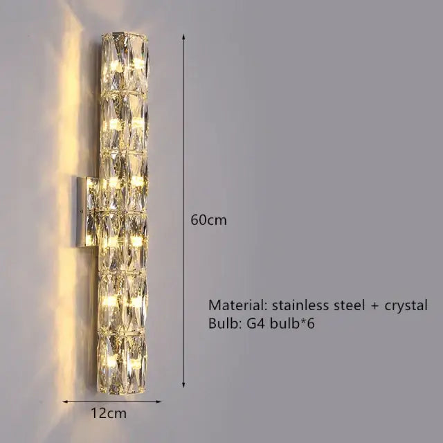 Contemporary crystal wall sconce with gold frame and stacked crystal segments illuminated by six g4 bulbs by decorbites