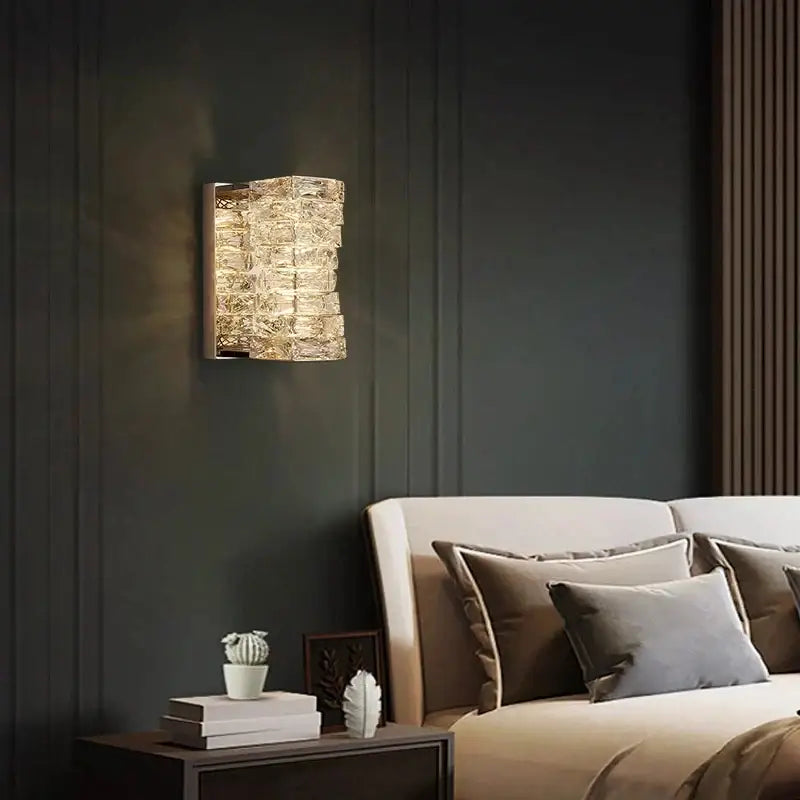 Gold-toned textured glass wall sconce with stacked rectangular design for decorbites contemporary crystal wall decor