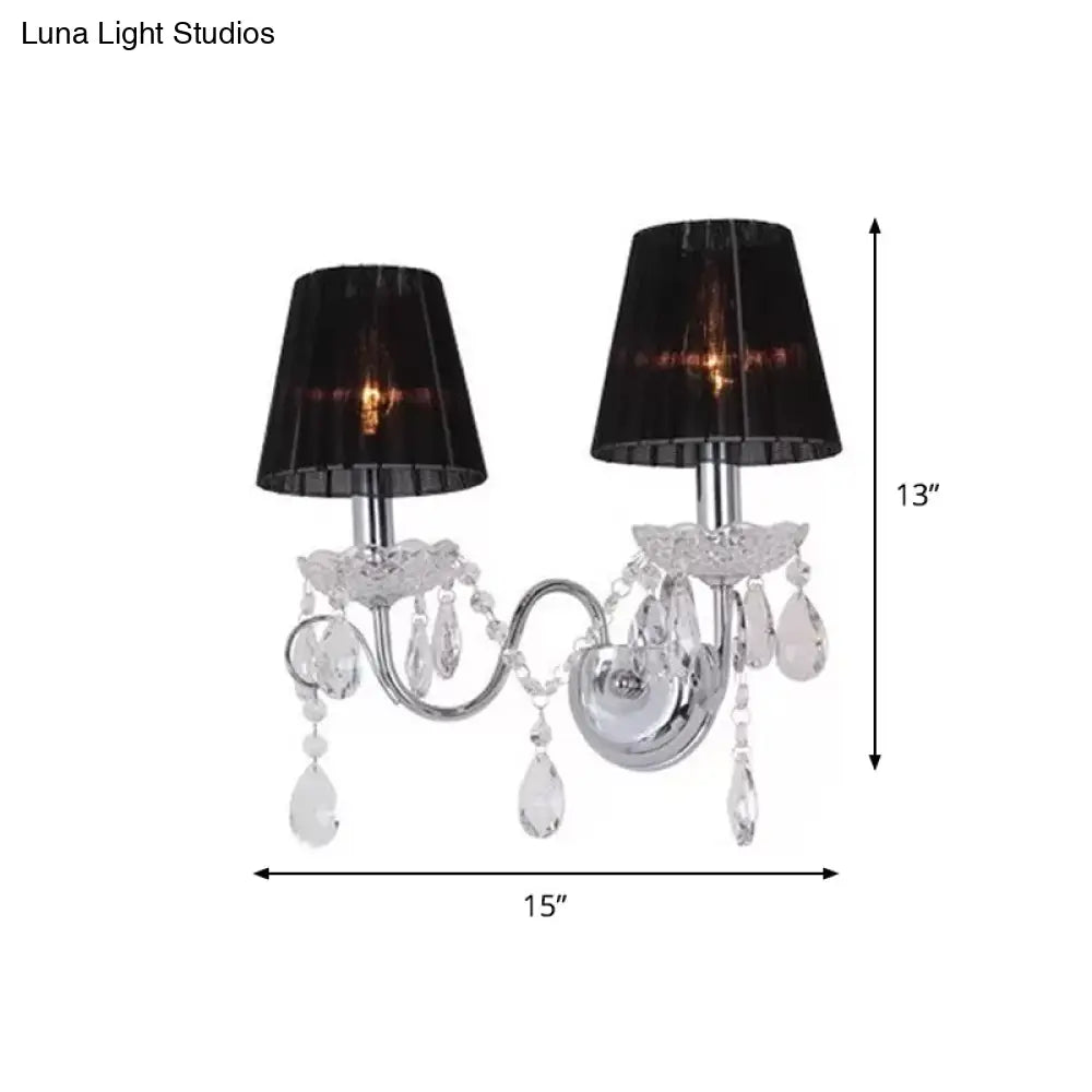 DecorBites™ Contemporary Crystal Wall Sconce with Gathered Fabric Shade - 2 Bulb Light Fixture for Living Room, Black
