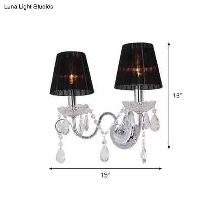 DecorBites™ Contemporary Crystal Wall Sconce with Gathered Fabric Shade - 2 Bulb Light Fixture for Living Room, Black
