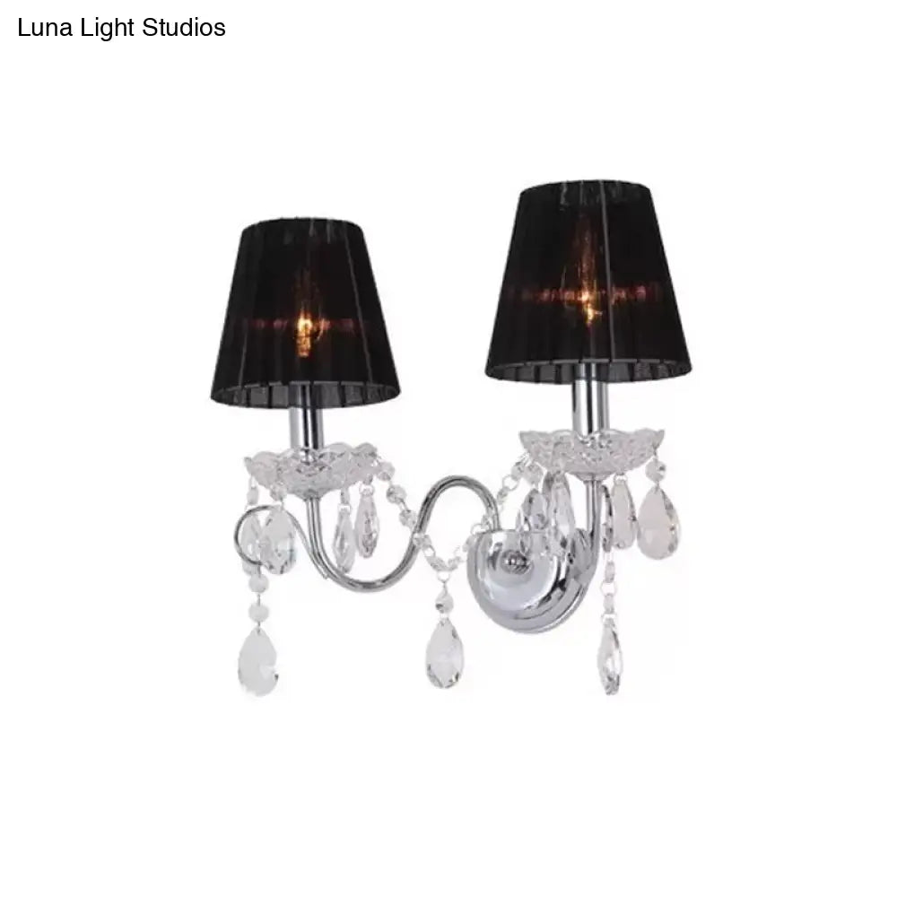 DecorBites™ Contemporary Crystal Wall Sconce with Gathered Fabric Shade - 2 Bulb Light Fixture for Living Room, Black