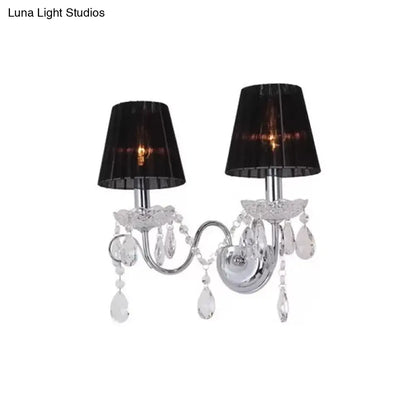 DecorBites™ Contemporary Crystal Wall Sconce with Gathered Fabric Shade - 2 Bulb Light Fixture for Living Room, Black