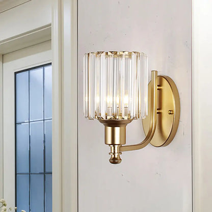 DecorBites™ DecorBites™ Contemporary Cylinder Crystal Wall Light with 1 Head Mounted on Bedroom Wall - Black/Gold Curved Arm