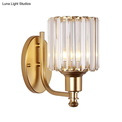 DecorBites™ DecorBites™ Contemporary Cylinder Crystal Wall Light with 1 Head Mounted on Bedroom Wall - Black/Gold Curved Arm