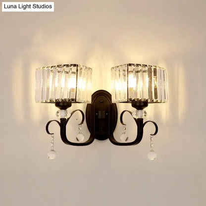 Contemporary dark bronze metal wall sconce light with two crystal fixtures and dangling clear glass beads wall lamp
