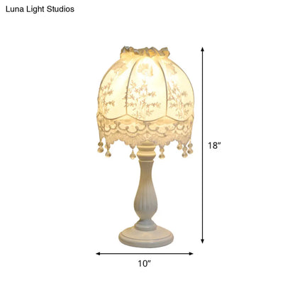 Contemporary Dome Nightstand Lamp - Cream Fabric Shade, Wood Base - Table Light with Drape