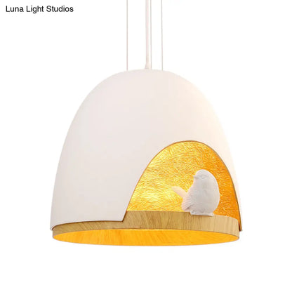 Contemporary Dome Pendant Light with Nest and Bird Design - Resin Hanging Lamp Fixture (White/Black)