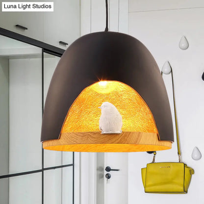 Contemporary Dome Pendant Light with Nest and Bird Design - Resin Hanging Lamp Fixture (White/Black)