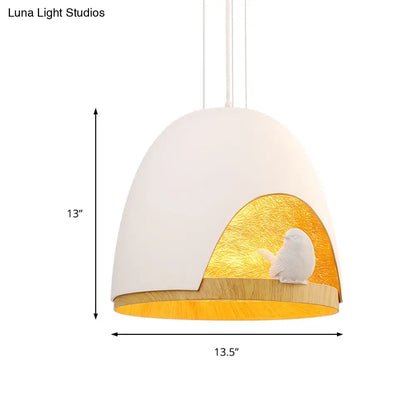 Contemporary Dome Pendant Light with Nest and Bird Design - Resin Hanging Lamp Fixture (White/Black)