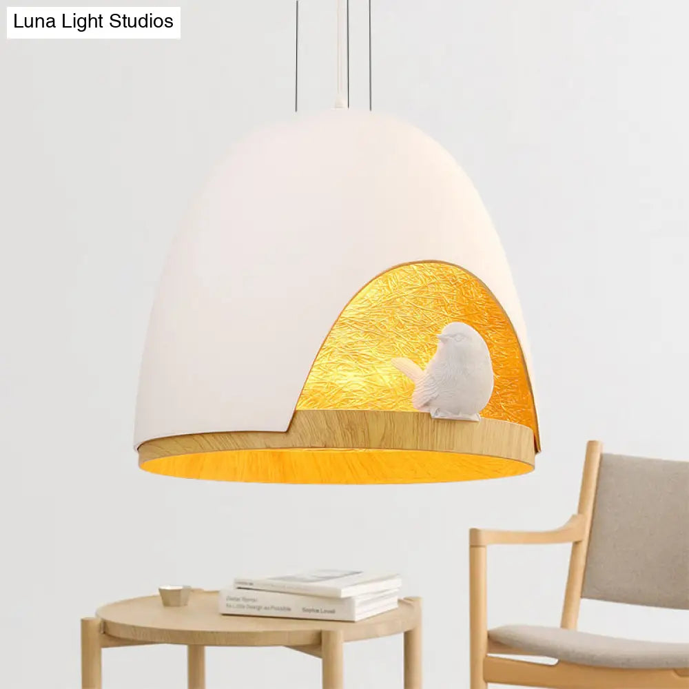 Contemporary Dome Pendant Light with Nest and Bird Design - Resin Hanging Lamp Fixture (White/Black)