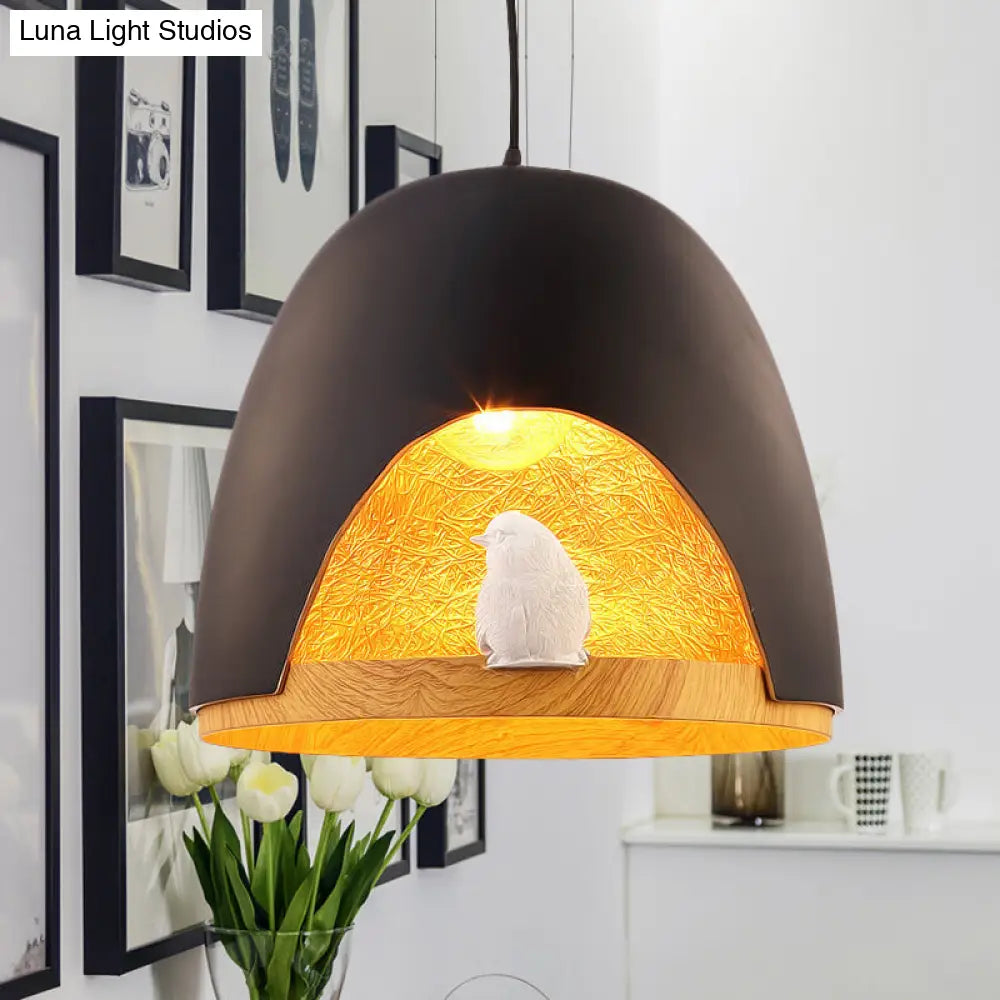 Contemporary Dome Pendant Light with Nest and Bird Design - Resin Hanging Lamp Fixture (White/Black)