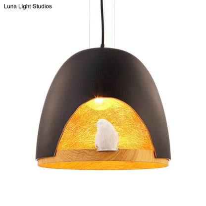 Contemporary Dome Pendant Light with Nest and Bird Design - Resin Hanging Lamp Fixture (White/Black)