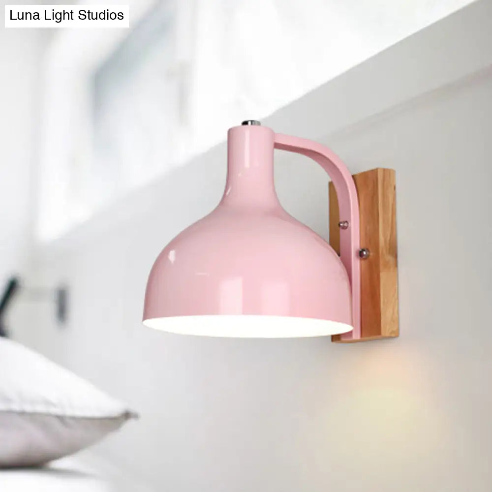 DecorBites™ DecorBites™ Contemporary Dome Shade Metal Wall Light with Wooden Backplate in White/Pink