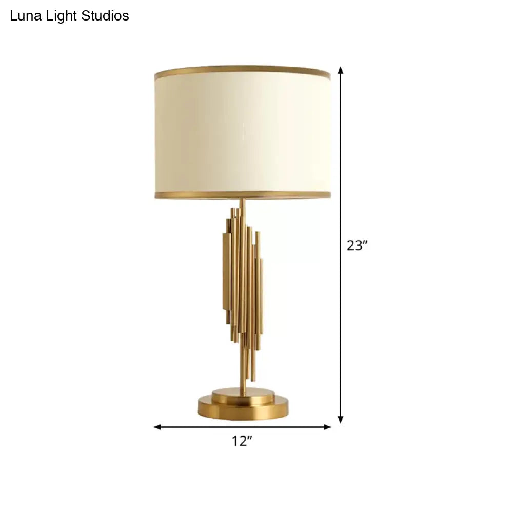 Contemporary Fabric Barrel Desk Lamp - 12"/14" Wide, 1-Bulb Gold Task Lighting for Bedside or Small Spaces