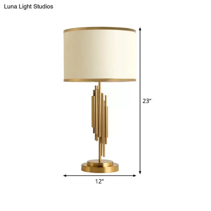 Contemporary Fabric Barrel Desk Lamp - 12"/14" Wide, 1-Bulb Gold Task Lighting for Bedside or Small Spaces