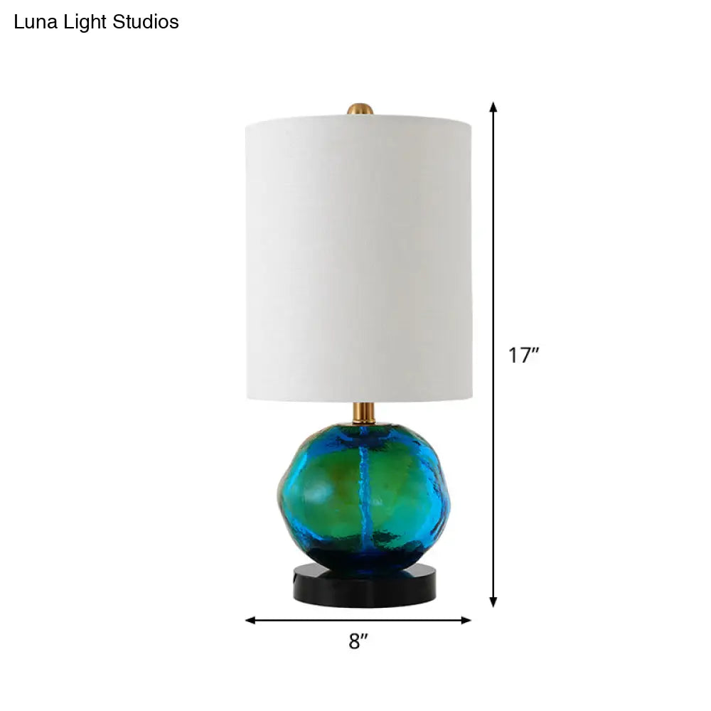 Lámpara de mesa cilíndrica contemporánea de tela con decoración de esmalte verde - Lámpara de noche blanca