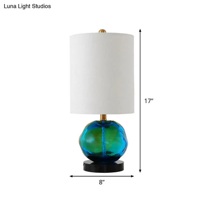 Lámpara de mesa cilíndrica contemporánea de tela con decoración de esmalte verde - Lámpara de noche blanca