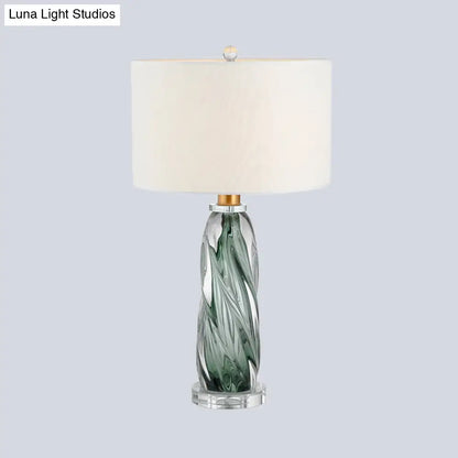 Contemporary Fabric Cylindrical Task Light - White Nightstand Lamp with Pewter Glazed Crystal Base