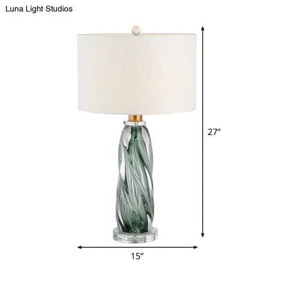 Contemporary Fabric Cylindrical Task Light - White Nightstand Lamp with Pewter Glazed Crystal Base