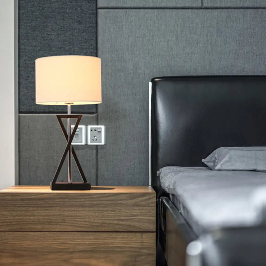 Contemporary Fabric Drum Shade Table Lamp with Modern Hourglass Design for Bedside Nightstand Lighting - White