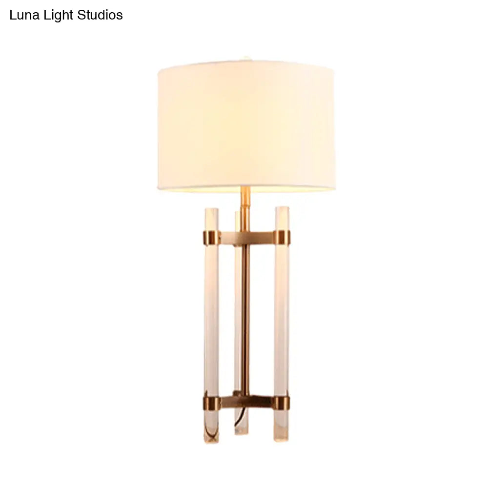 Contemporary Fabric Nightstand Lamp: Cylindrical Design, White, 1-Bulb Reading Light