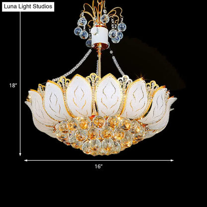 Lámpara de araña contemporánea con forma de loto y bola de cristal facetada – Dorada, 3 luces múltiples – 40,6 cm / 49,5 cm / 59,7 cm de ancho