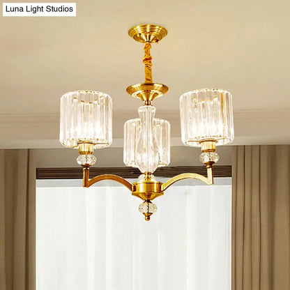 Lámpara de techo colgante de latón contemporánea con forma de cilindro de cristal facetado y 3/6/8 bombillas - 23,5"/27"/33,5" de ancho