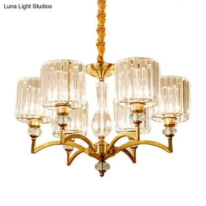 Lámpara de techo colgante de latón contemporánea con forma de cilindro de cristal facetado y 3/6/8 bombillas - 23,5"/27"/33,5" de ancho