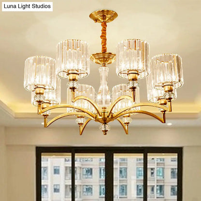 Lámpara de techo colgante de latón contemporánea con forma de cilindro de cristal facetado y 3/6/8 bombillas - 23,5"/27"/33,5" de ancho