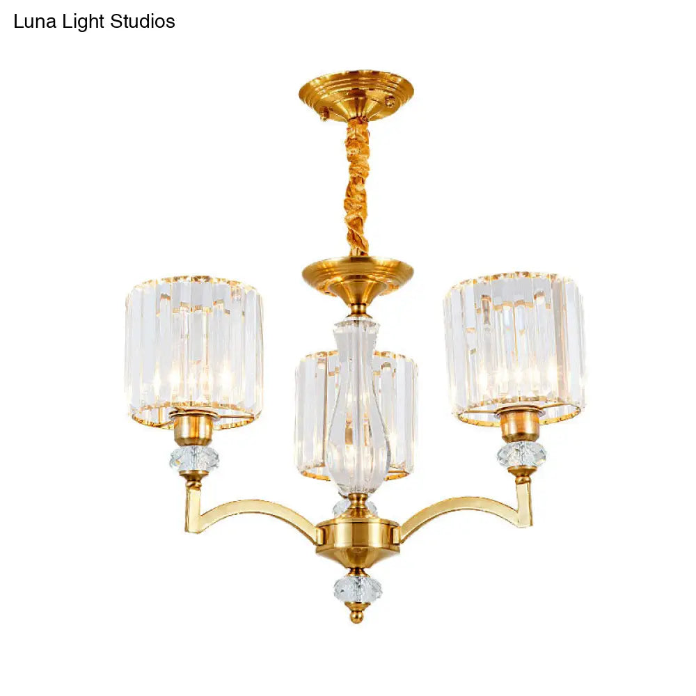 Lámpara de techo colgante de latón contemporánea con forma de cilindro de cristal facetado y 3/6/8 bombillas - 23,5"/27"/33,5" de ancho