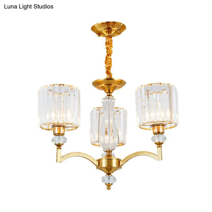 Lámpara de techo colgante de latón contemporánea con forma de cilindro de cristal facetado y 3/6/8 bombillas - 23,5"/27"/33,5" de ancho