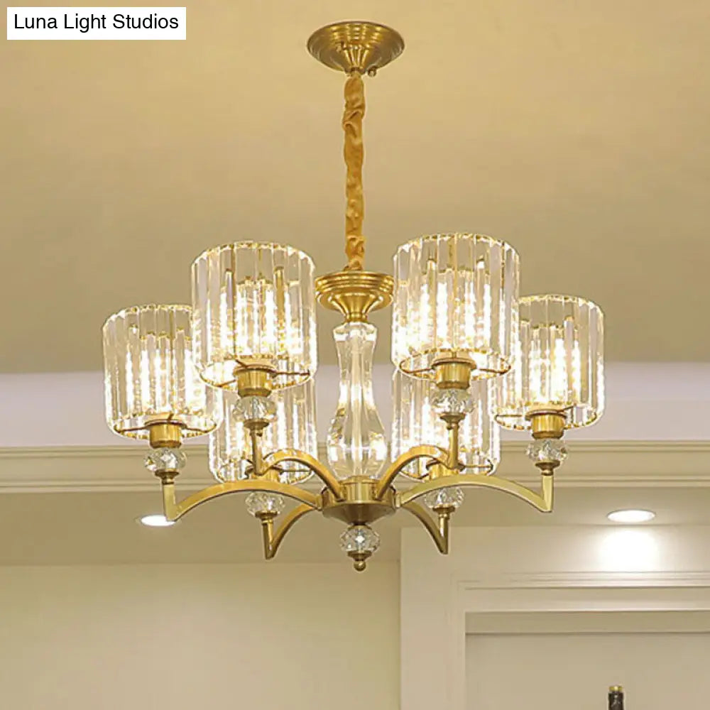 Lámpara de techo colgante de latón contemporánea con forma de cilindro de cristal facetado y 3/6/8 bombillas - 23,5"/27"/33,5" de ancho