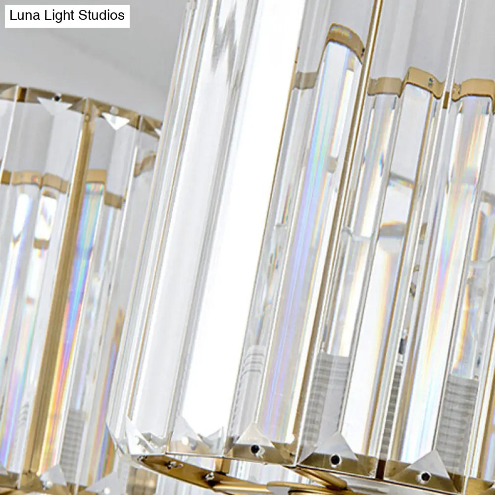 Lámpara de techo colgante de latón contemporánea con forma de cilindro de cristal facetado y 3/6/8 bombillas - 23,5"/27"/33,5" de ancho