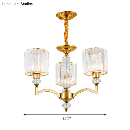 Lámpara de techo colgante de latón contemporánea con forma de cilindro de cristal facetado y 3/6/8 bombillas - 23,5"/27"/33,5" de ancho