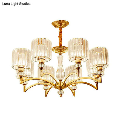 Lámpara de techo colgante de latón contemporánea con forma de cilindro de cristal facetado y 3/6/8 bombillas - 23,5"/27"/33,5" de ancho