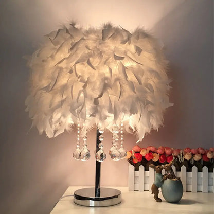 Contemporary Feather Round Night Stand Lamp with Crystal Drop and White/Chrome Base - Red/Pink/Purple Table Light