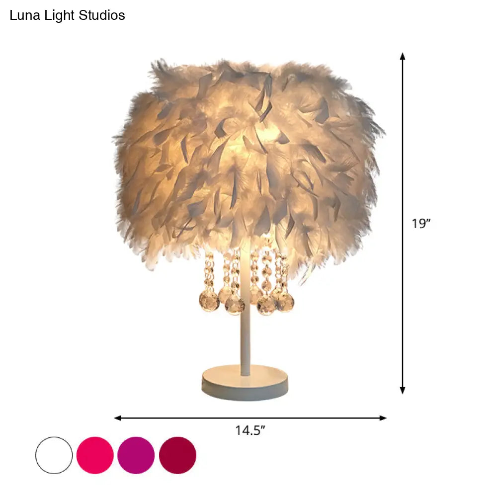 Contemporary Feather Round Night Stand Lamp with Crystal Drop and White/Chrome Base - Red/Pink/Purple Table Light