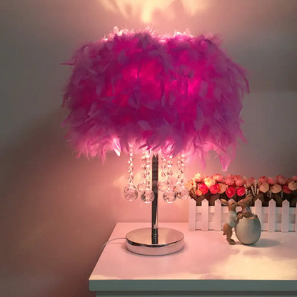 Contemporary Feather Round Night Stand Lamp with Crystal Drop and White/Chrome Base - Red/Pink/Purple Table Light