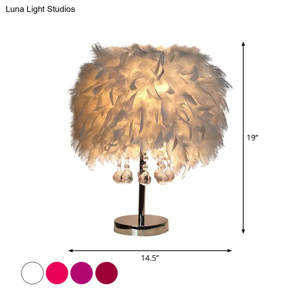 Contemporary Feather Round Night Stand Lamp with Crystal Drop and White/Chrome Base - Red/Pink/Purple Table Light