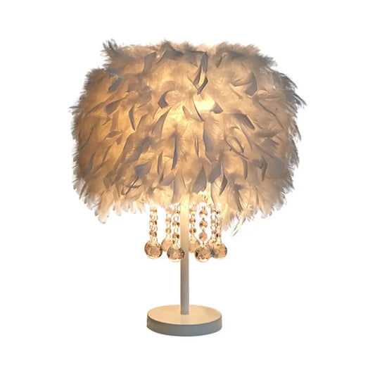 Contemporary Feather Round Night Stand Lamp with Crystal Drop and White/Chrome Base - Red/Pink/Purple Table Light